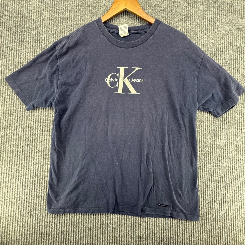 Vintage Calvin Klein Jeans T-Shirt Mens Large Navy Good Logo Graphic Tee